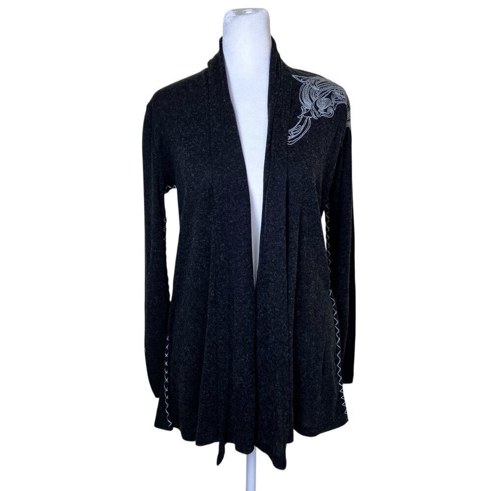 XT Sz Small Open Front Y2K Style Cardigan  Grunge Folk Embroidery Charcoal